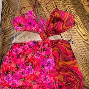 For Love & Lemons Vibrant Pink and Red Floral and Swirl Dresses